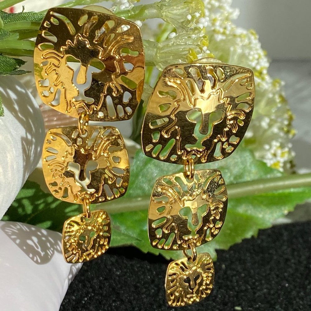 Vintage Anne Klein Gold Lion Logo Dangle Earrings